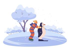 Cute little boy in outwear ice skating with penguin on outdoor ice rink flat illustration isolated on white. vector