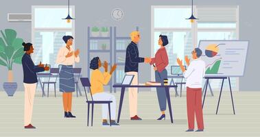 Multiracial business team celebrates successful project in the open space office flat illustration. Cheerful colleagues congratulate each other, applauding, shaking hands. vector