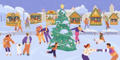 Oudoor ice rink with lots of different people skating with Christmas fair and cityscape at the background flat illustration. vector