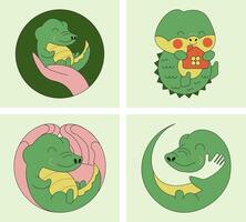 Cute alligators - a set of logos. Minimalistic illustrations of crocodiles surrounded by care and have their own home. The design creates a feeling of safety, warmth and comfort. vector