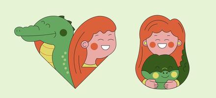 Logos with a girl and an alligator. Caring for animals. The design can be used for animal protection organizations, conservation programs or projects related to the rescue and rehabilitation of animal vector