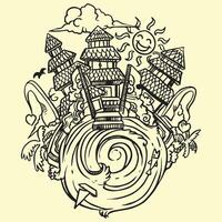 a drawing of a building temple on a beach with a sun and clouds vector