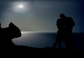 Romantic couple embracing on cliff at night with moon reflection vector