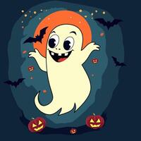 a cartoon ghost with a smile and bat on a dark background vector