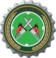 Crossed chainsaws forming an x shape over green background on bottle cap vector