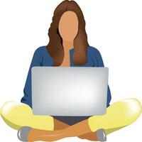 Young woman working from home using laptop computer sitting cross legged on floor vector