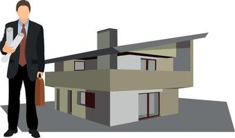 Architect holding blueprints presenting modern house project vector