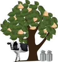 Dairy cow standing under a tree full of cheese wedges and two milk cans vector