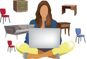 Woman shopping for furniture online using laptop computer vector
