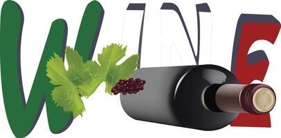 Wine bottle lying down with grapes and leaf over wine text graphic vector