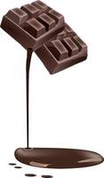 Melted chocolate dripping from chocolate bar on white background vector