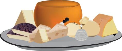 Different kinds of cheese lying on plate with knife standing in one piece vector