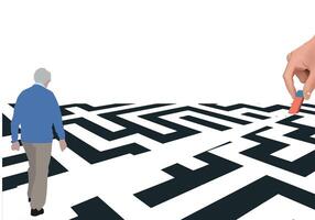 Senior man trying to find solution and erasing maze path with eraser vector