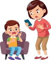 Mother ignoring crying son while using smartphone vector