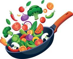 Vegetables falling into frying pan on white background vector
