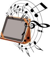 Digital tablet playing music with musical notes surrounding it vector