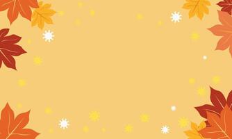 Autumn-themed background with colorful leaves framing a blank center. Red, orange, and yellow leaves are scattered with white and yellow accents on a warm beige backdrop. vector