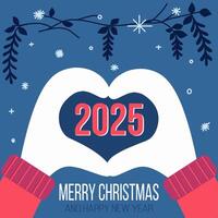 New Year illustration with hands folded into a heart and snowflakes. Christmas card with text on blue background. New Year 2025 vector