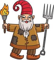 Gnome with a Torch and Pitch Fork Cartoon Clipart vector