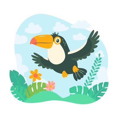 Cute Toucan Bird Animal Flying with Flower Floral in the Park
