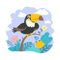 Cute Toucan Bird Animal Perched on Tree Branch with Foliage in the Park vector
