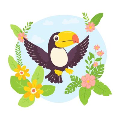 Beautiful Cute Toucan Bird Animal Flying with Flower Floral in the Park