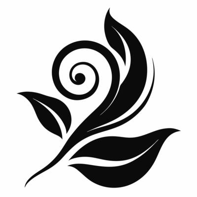 A black and white logo of a leaf