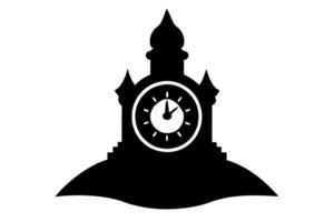 A black and white silhouette of a castle with a clock vector