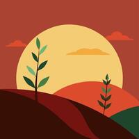 A flat design of a tree and sun on a hill vector