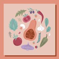 Vegetable in circle shape. Set of colourful vegetable icons. Vegetarian food icons. Healthy lifestyle illustration for print, web. Hand drawn illustration in flat style. Circle design element vector