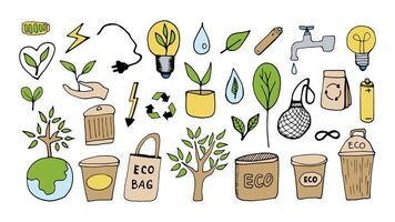 Ecology doodle set about environmental conservation and problems. Hand drawn illustration vector