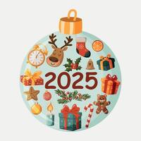 A colorful Christmas-themed design featuring a clock, deer and other holiday symbols. The illustration is in the shape of a Christmas tree ball with the numbers 2025 vector
