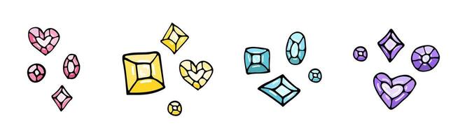 Bright, hand-drawn gemstones in various shapes and colors, perfect for luxury, beauty, or jewelry-themed designs with a playful and elegant twist vector