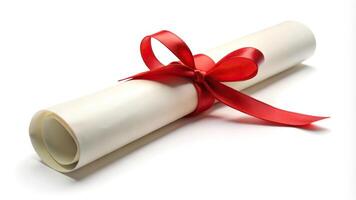 Elegant diploma scroll with red ribbon on white background seen from low angle photo