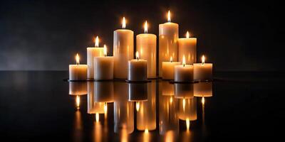 Dark background with candles and reflection on glass Worm's Eye View photo