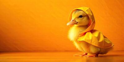 Cute little duckling in yellow raincoat standing in the rain photo
