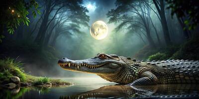 Crocodile in forest at night under moonlight at eye level photo