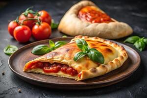 Delicious pizza calzone with tomato sauce and cheese on black plate with forced perspective photo