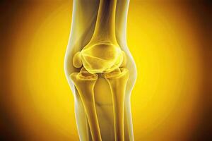 Depth of field knee x ray showing visible patella on solid yellow background photo