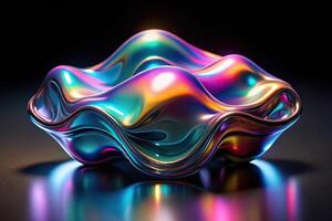 Bold holographic liquid metal shape isolated on iridescent wavy melted chrome substance with black reflective background at eye level photo