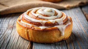Delicious cinnamon roll with icing on top photo