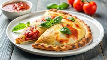 Delicious pizza calzone with tomato sauce and cheese on white plate photo