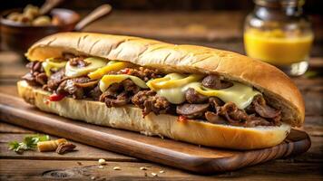 Delicious Philly Cheesesteak sandwich with melted cheese on hoagie roll from Worm's Eye View photo