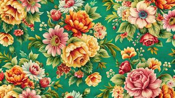 Decorative textile print with large flowers and green background photo