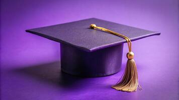 Depth of field image of graduation cap with tassel against a purple background photo