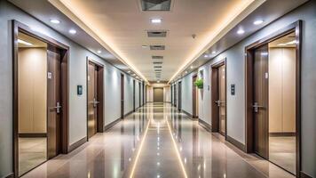 corridor in a multi story building with tilted angle lighting and doors photo