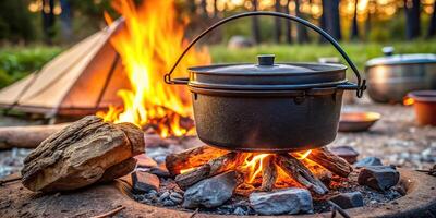 Depth of field Dutch oven camp cooking with coal briquettes beads on top next to a campfire in a firepit photo