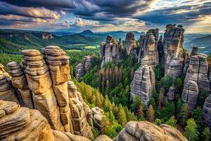 Depth of field image featuring rock formations in a mountainous wilderness photo