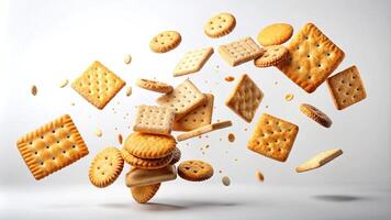 Crackers cookies with pieces flying on white background photo
