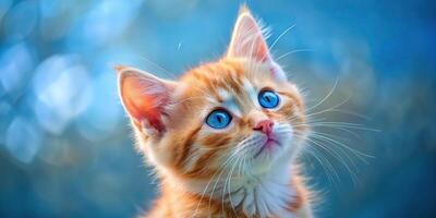 Blue eyed ginger kitten looking up at the sky with shallow depth of field photo